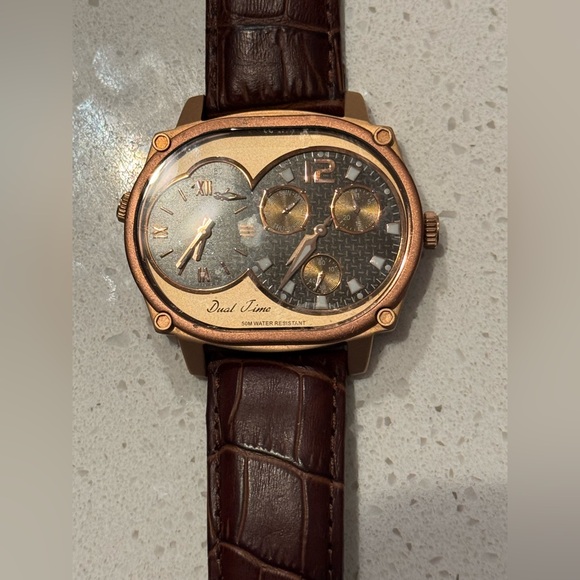 Joshua & Sons Mens Watch NAVIGATOR DUAL TIME ZONE Brown LEATHER JS-29-08 vintage - Picture 3 of 6